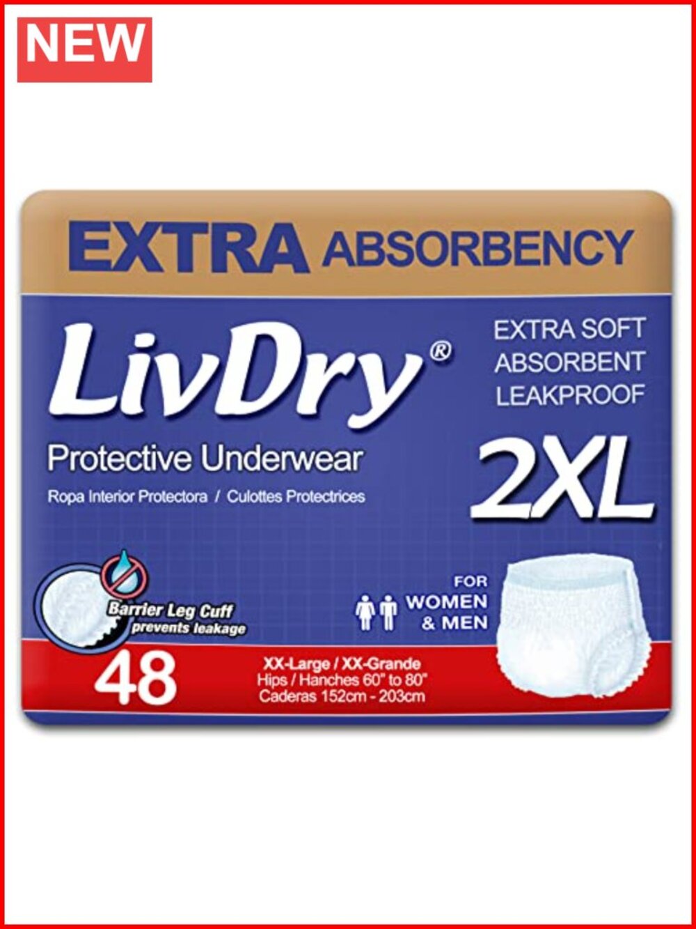 LivDry Adult XXL Incontinence Underwear Extra Comfort Leak Protection 48-Pack